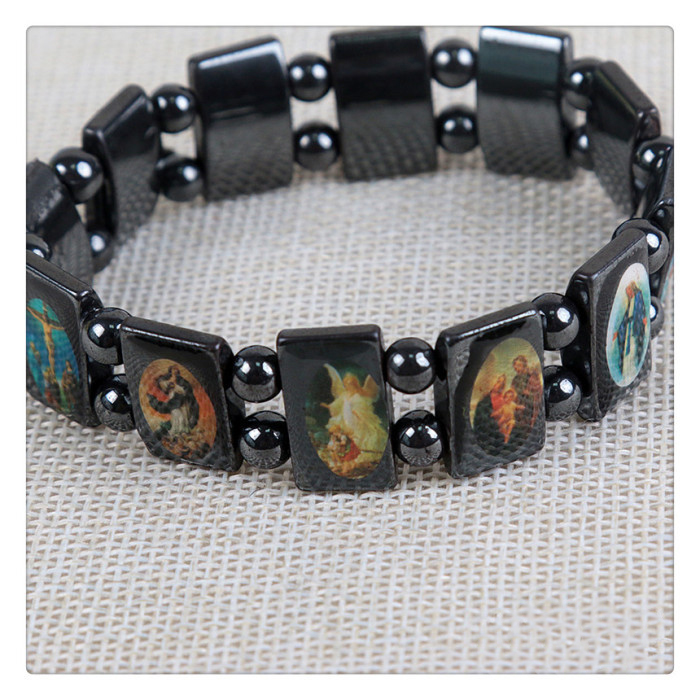 Black Hematite Jesus/Mary Bracelet