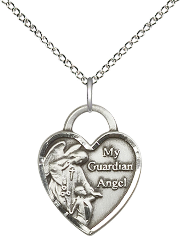 Sterling Silver Guardian Angel Heart Pendant on a 18 inch Sterling Silver Light Curb chain