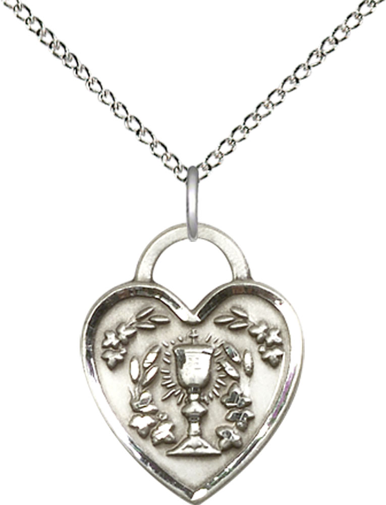 Sterling Silver Communion Heart Pendant on a 18 inch Sterling Silver Light Curb chain