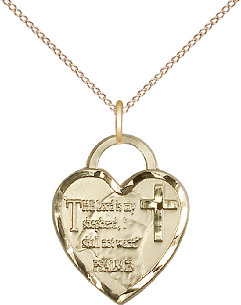 14kt Gold Filled Lord Is My Shepherd Heart Pendant on a 18 inch Gold Filled Light Curb chain