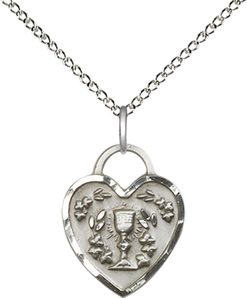 Sterling Silver Communion Heart Pendant on a 18 inch Sterling Silver Light Curb chain
