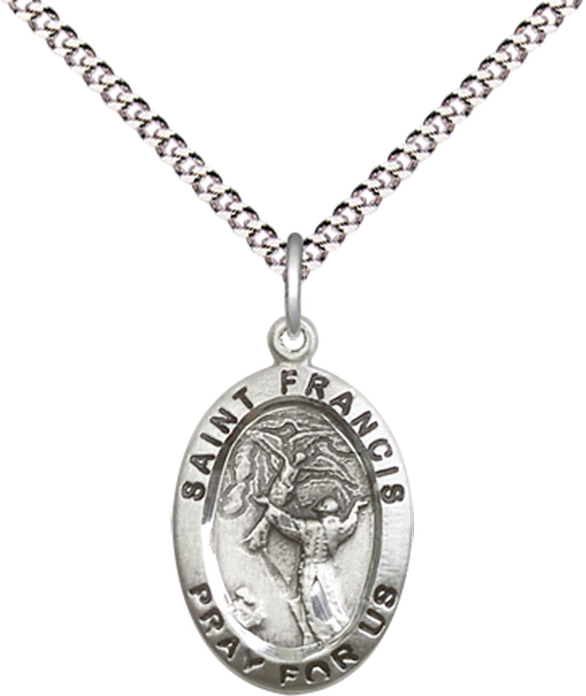 Sterling Silver Saint Francis of Assisi Pendant on a 18 inch Light Rhodium Light Curb chain