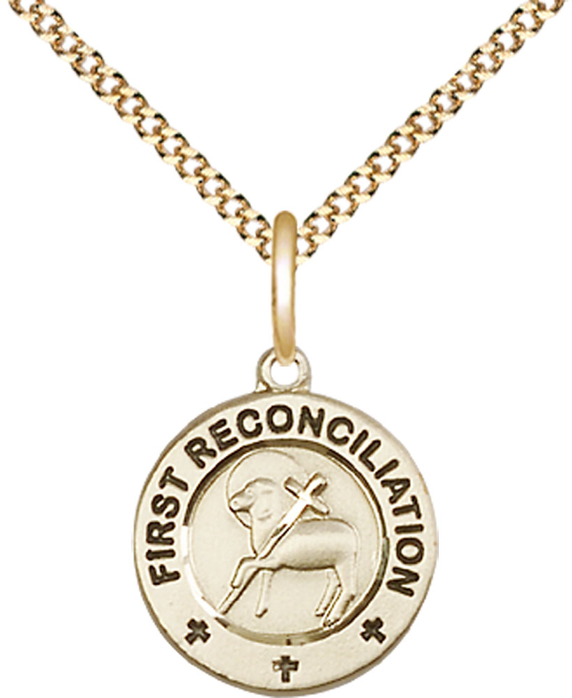 14kt Gold Filled First Reconciliation / Penance Pendant on a 18 inch Gold Plate Light Curb chain