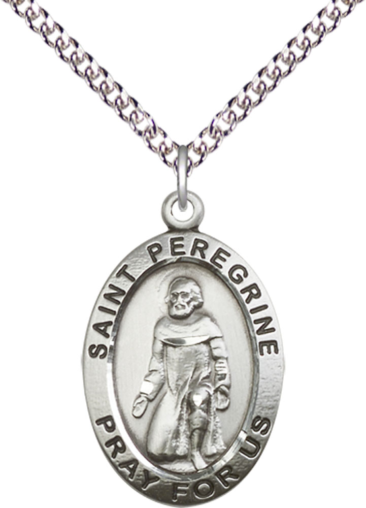 Sterling Silver Saint Peregrine Pendant on a 24 inch Sterling Silver Heavy Curb chain