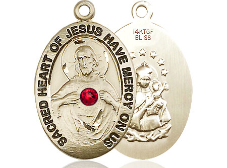 14kt Gold Filled Scapular w/ Ruby Stone Medal with a 3mm Ruby Swarovski stone