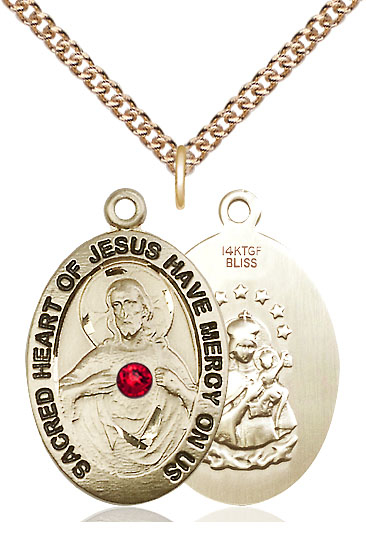 14kt Gold Filled Scapular w/ Ruby Stone Pendant with a 3mm Ruby Swarovski stone on a 24 inch Gold Filled Heavy Curb chain