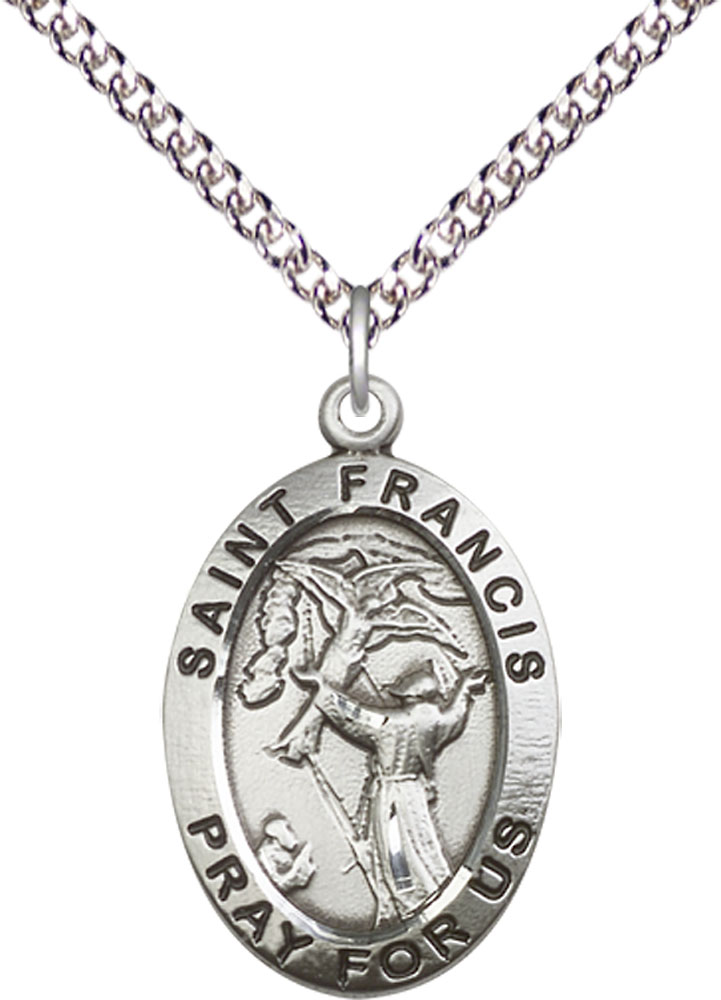 Sterling Silver Saint Francis of Assisi Pendant on a 24 inch Sterling Silver Heavy Curb chain