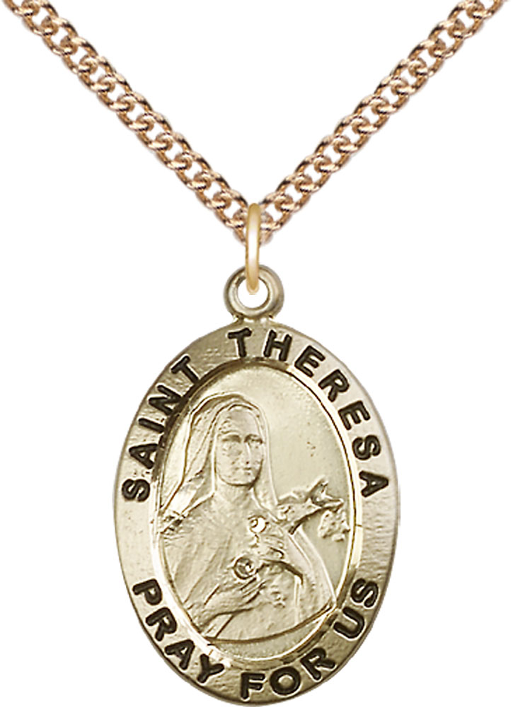 14kt Gold Filled Saint Theresa Pendant on a 24 inch Gold Filled Heavy Curb chain