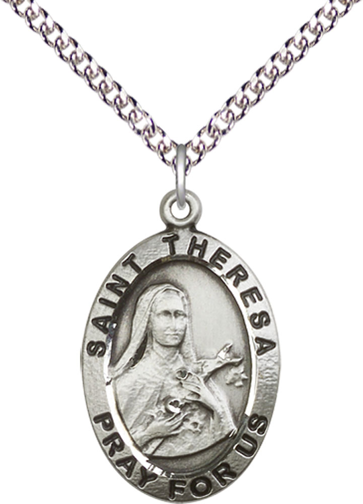 Sterling Silver Saint Theresa Pendant on a 24 inch Sterling Silver Heavy Curb chain