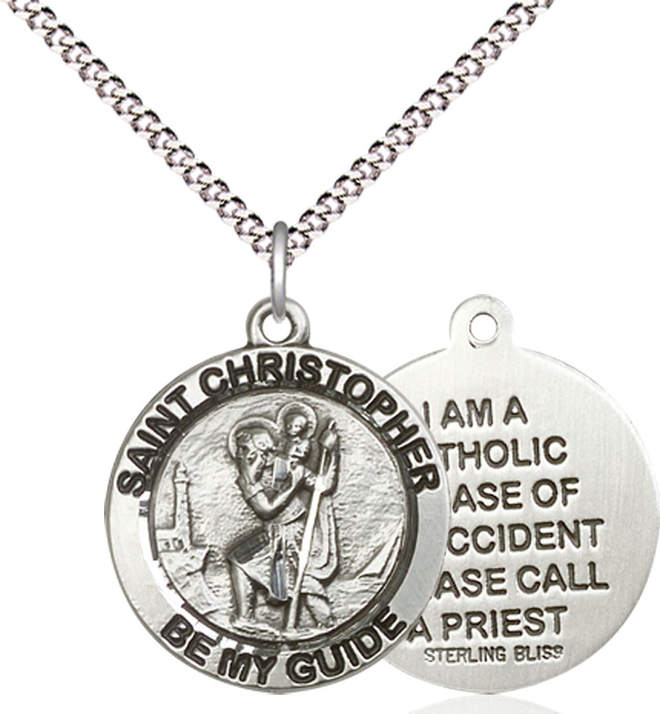Sterling Silver Saint Christopher Pendant on a 18 inch Light Rhodium Light Curb chain