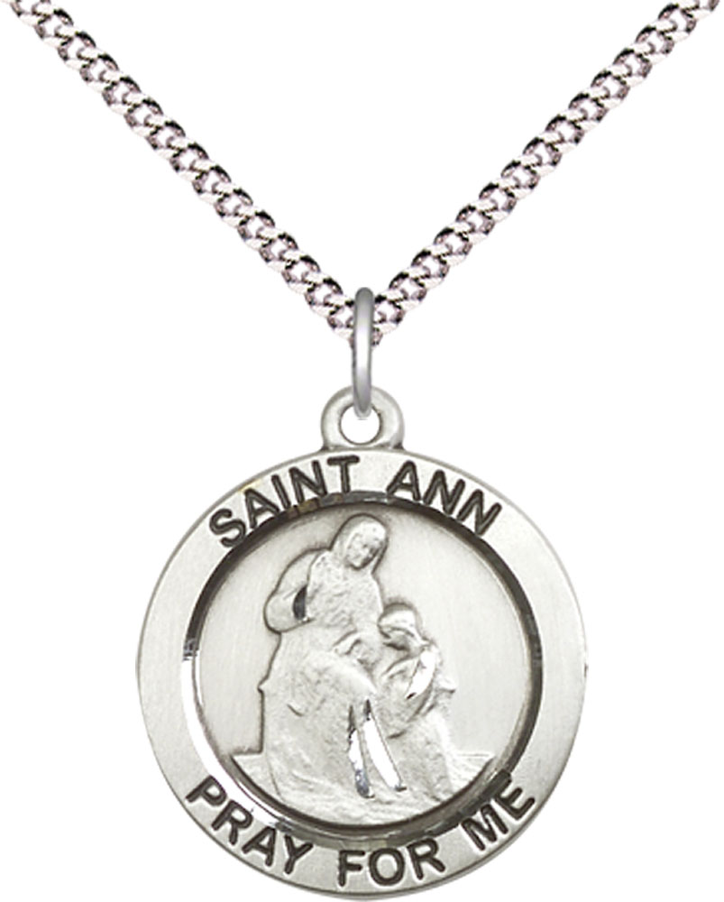 Sterling Silver Saint Ann Pendant on a 18 inch Light Rhodium Light Curb chain