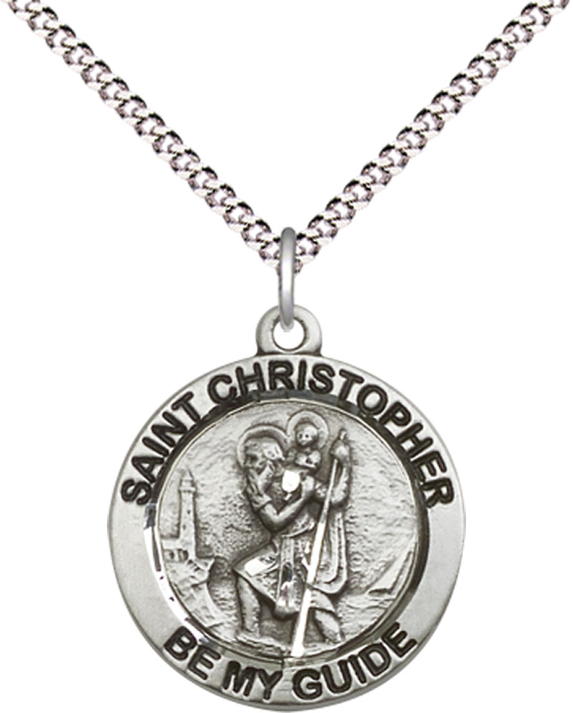 Sterling Silver Saint Christopher Pendant on a 18 inch Light Rhodium Light Curb chain