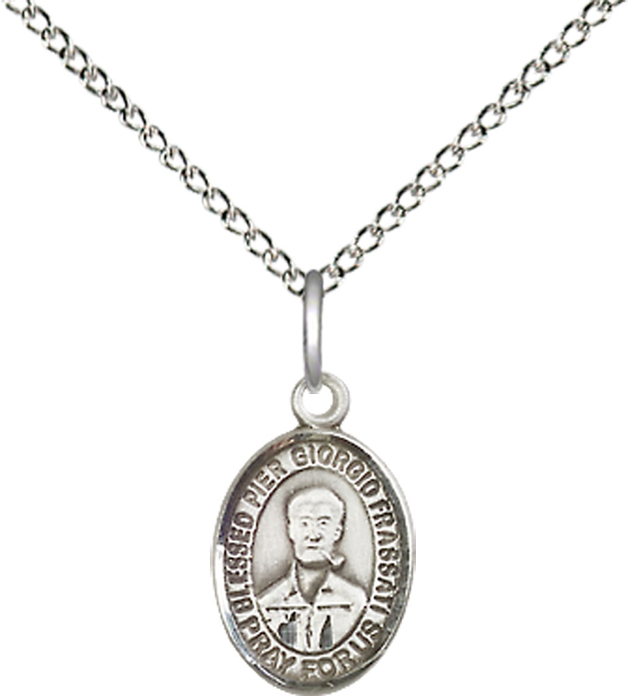 Sterling Silver Blessed Pier Giorgio Frassati Pendant on a 18 inch Sterling Silver Light Curb chain