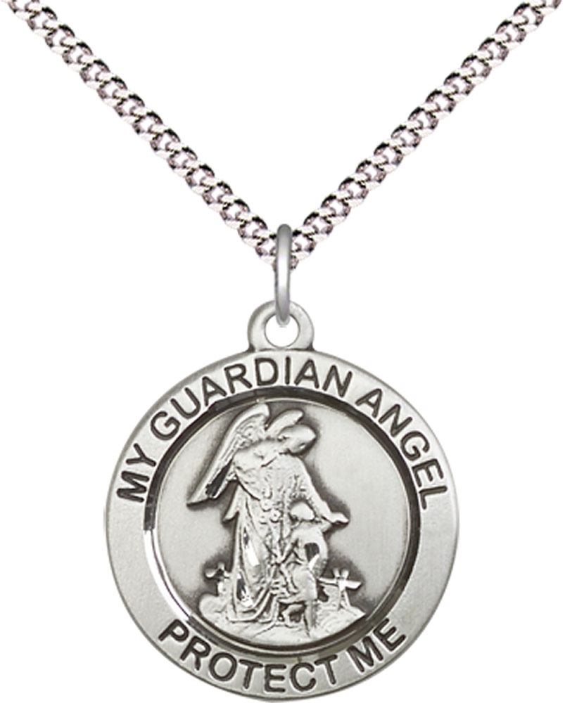 Sterling Silver Guardian Angel Pendant on a 18 inch Light Rhodium Light Curb chain