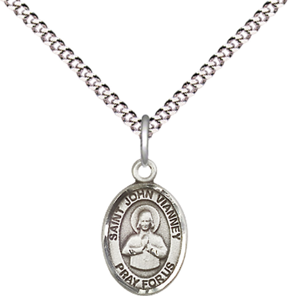 Sterling Silver Saint John Vianney Pendant on a 18 inch Light Rhodium Light Curb chain