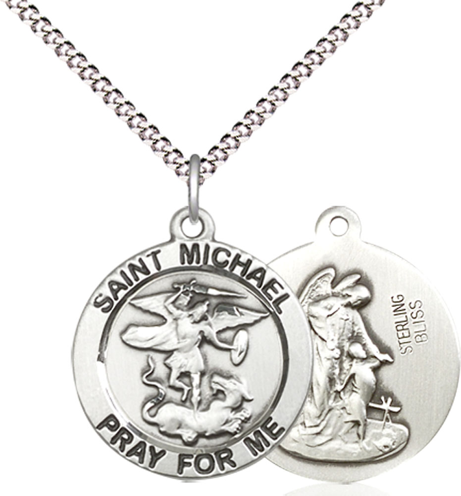 Sterling Silver Saint Michael the Archangel Pendant on a 18 inch Light Rhodium Light Curb chain