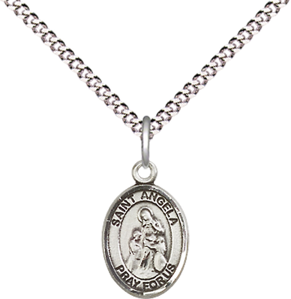 Sterling Silver Saint Angela Merici Pendant on a 18 inch Light Rhodium Light Curb chain