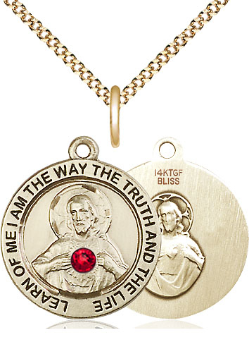 14kt Gold Filled Scapular w/ Ruby Stone Pendant with a 3mm Ruby Swarovski stone on a 18 inch Gold Plate Light Curb chain