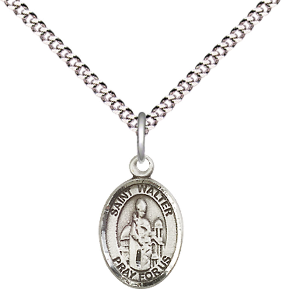 Sterling Silver Saint Walter of Pontnoise Pendant on a 18 inch Light Rhodium Light Curb chain