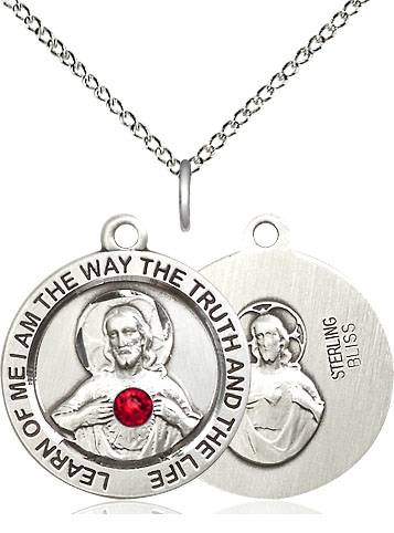 Sterling Silver Scapular w/ Ruby Stone Pendant with a 3mm Ruby Swarovski stone on a 18 inch Sterling Silver Light Curb chain