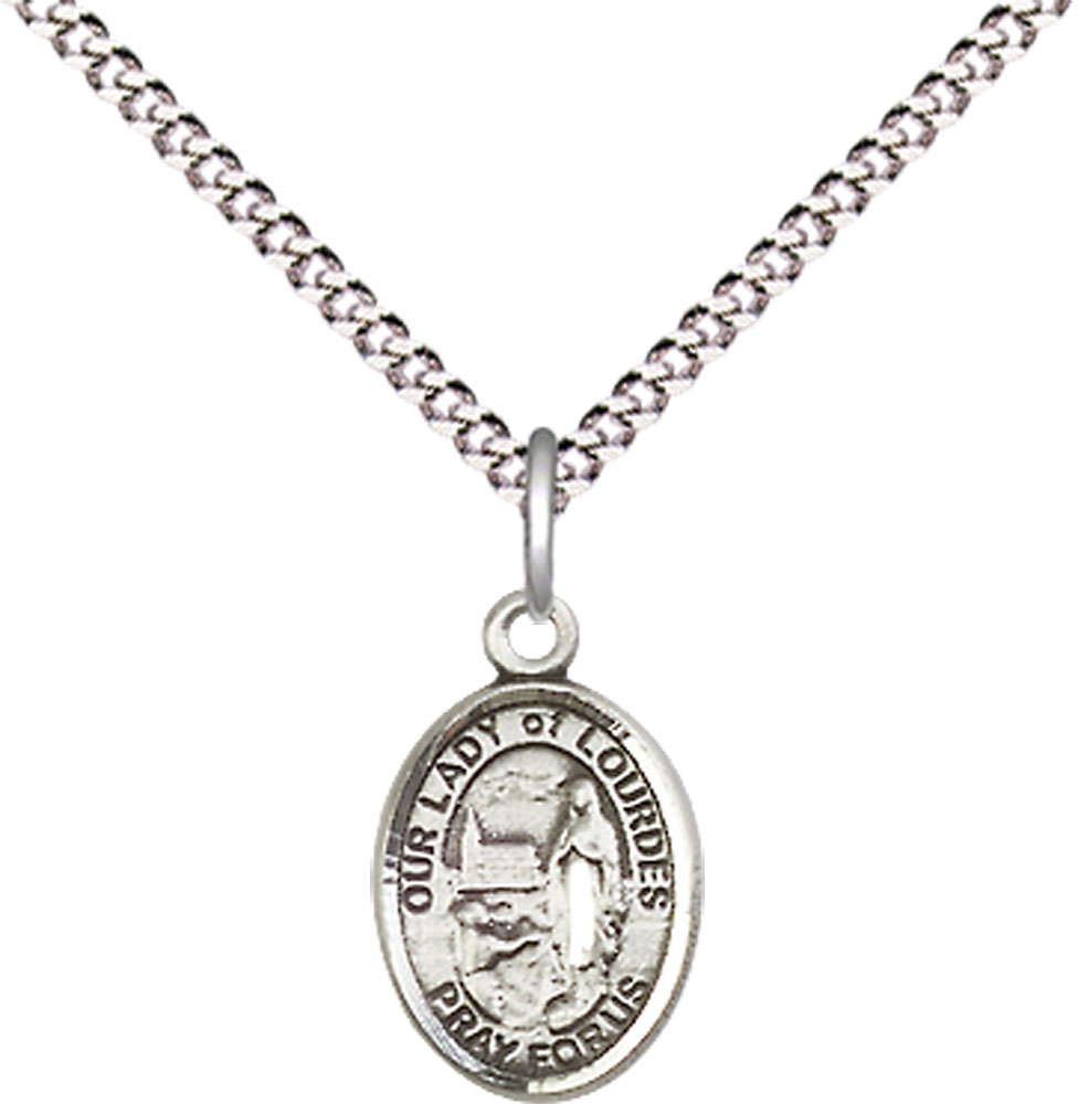 Sterling Silver Our Lady of Lourdes Pendant on a 18 inch Light Rhodium Light Curb chain