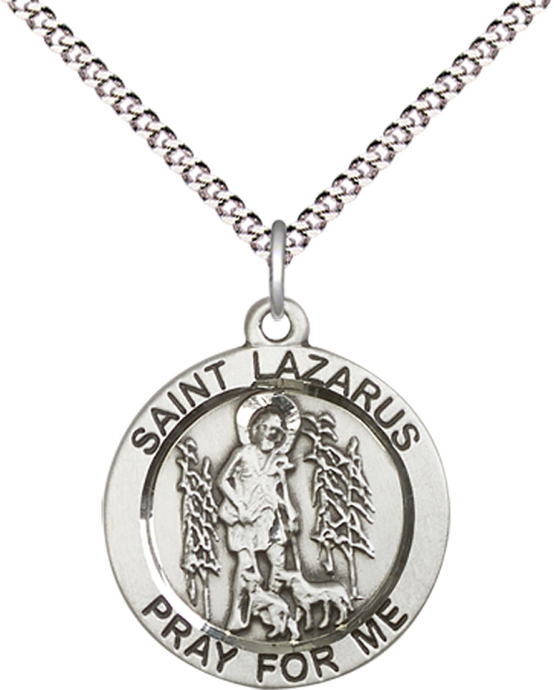 Sterling Silver Saint Lazarus Pendant on a 18 inch Light Rhodium Light Curb chain