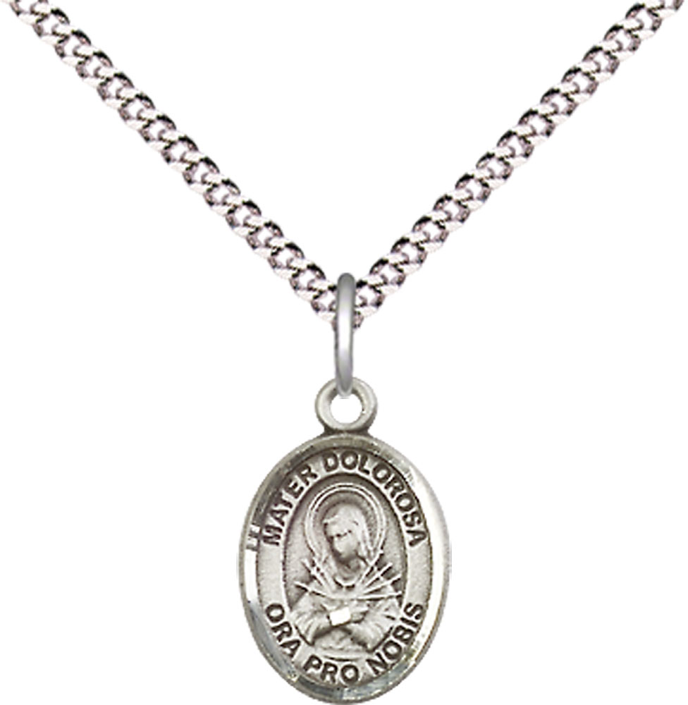 Sterling Silver Mater Dolorosa Pendant on a 18 inch Light Rhodium Light Curb chain