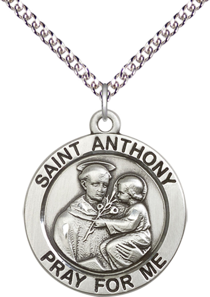 Sterling Silver Saint Anthony Pendant on a 24 inch Sterling Silver Heavy Curb chain