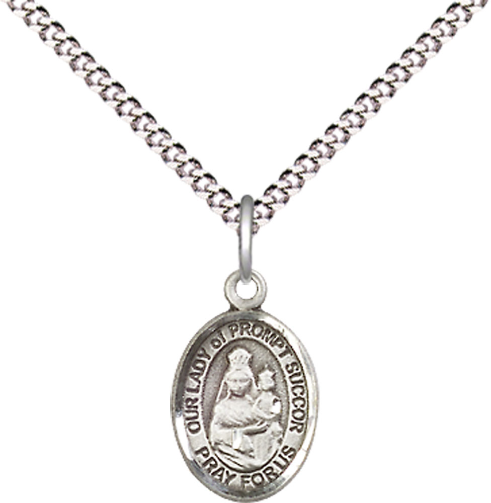 Sterling Silver Our Lady of Prompt Succor Pendant on a 18 inch Light Rhodium Light Curb chain
