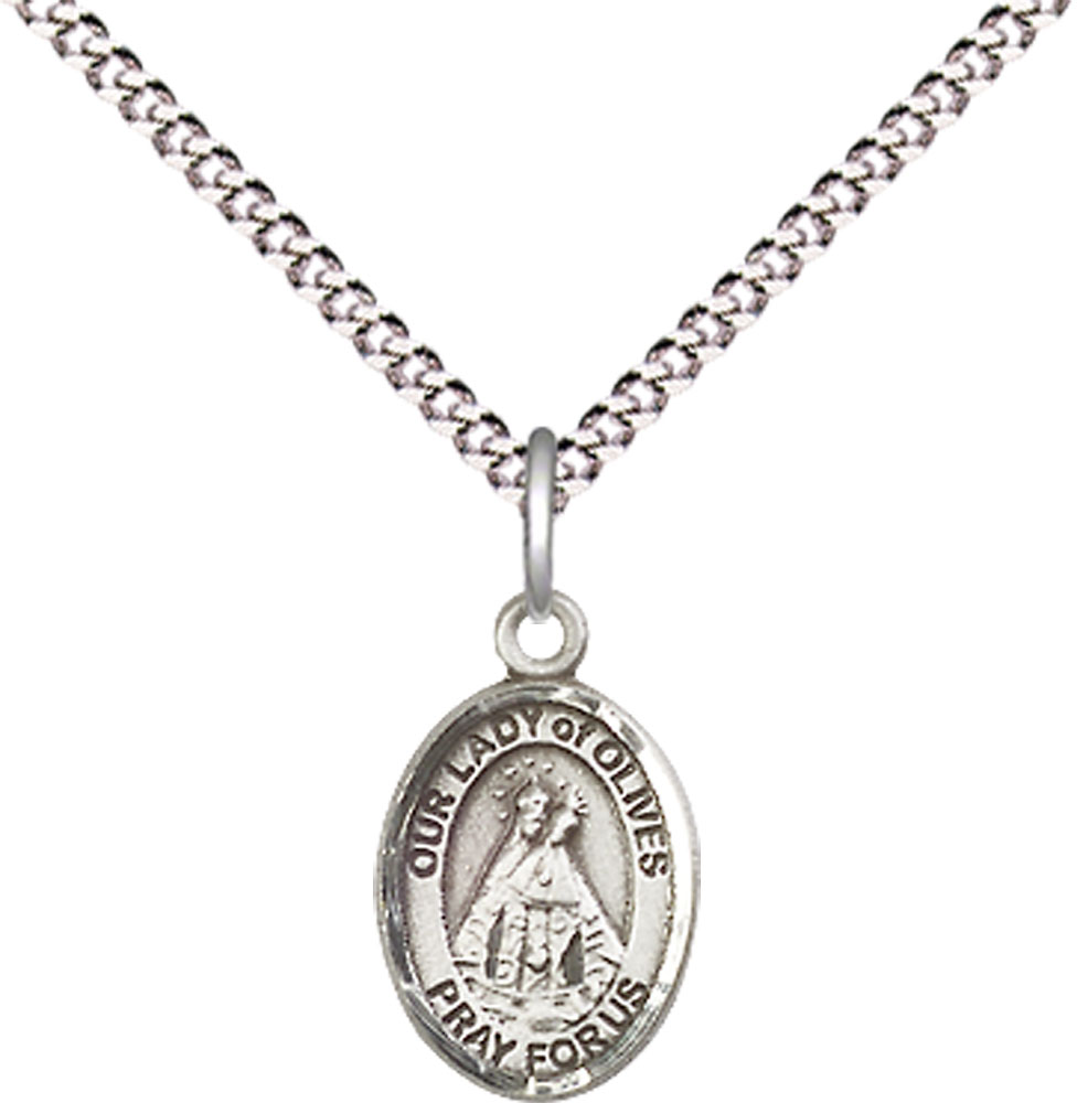 Sterling Silver Our Lady of Olives Pendant on a 18 inch Light Rhodium Light Curb chain