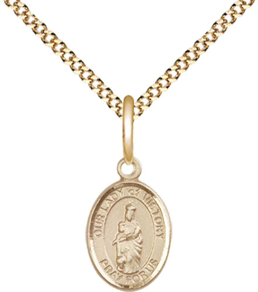 14kt Gold Filled Our Lady of Victory Pendant on a 18 inch Gold Plate Light Curb chain