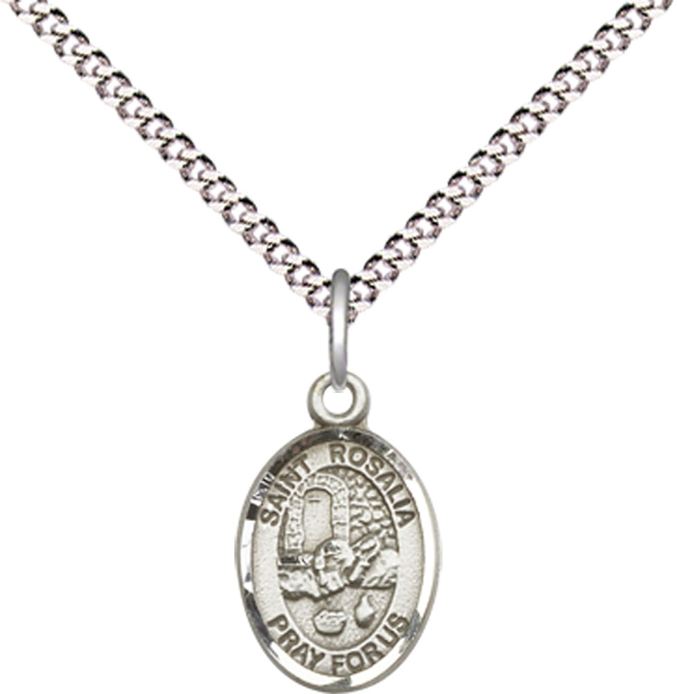 Sterling Silver Saint Rosalia Pendant on a 18 inch Light Rhodium Light Curb chain