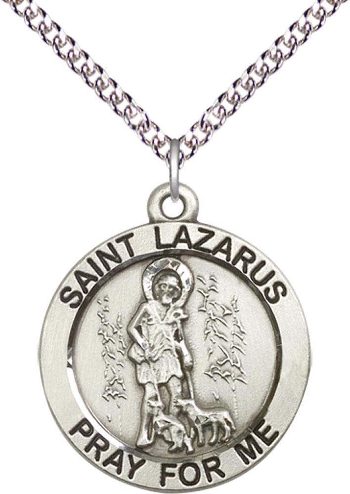 Sterling Silver Saint Lazarus Pendant on a 24 inch Sterling Silver Heavy Curb chain