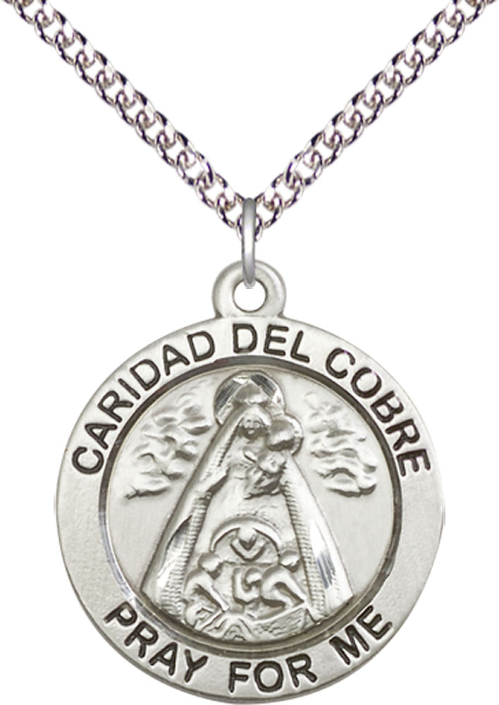 Sterling Silver Caridad del Cobre Pendant on a 24 inch Sterling Silver Heavy Curb chain