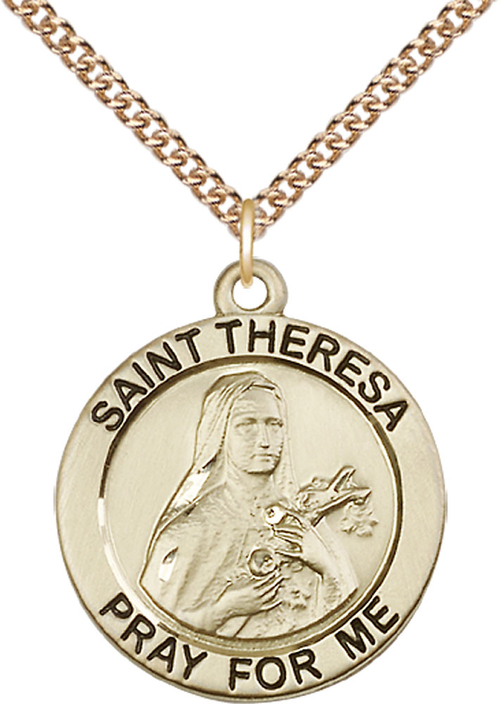 14kt Gold Filled Saint Theresa Pendant on a 24 inch Gold Filled Heavy Curb chain