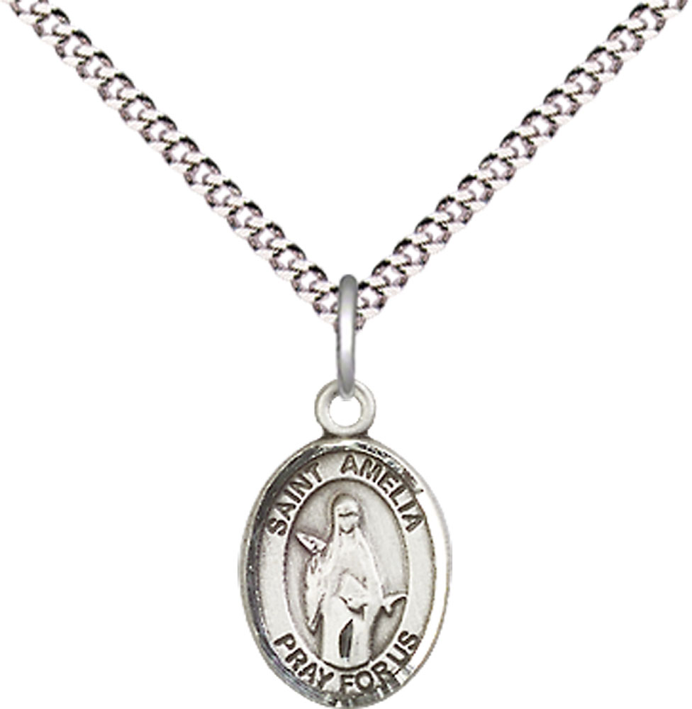 Sterling Silver Saint Amelia Pendant on a 18 inch Light Rhodium Light Curb chain