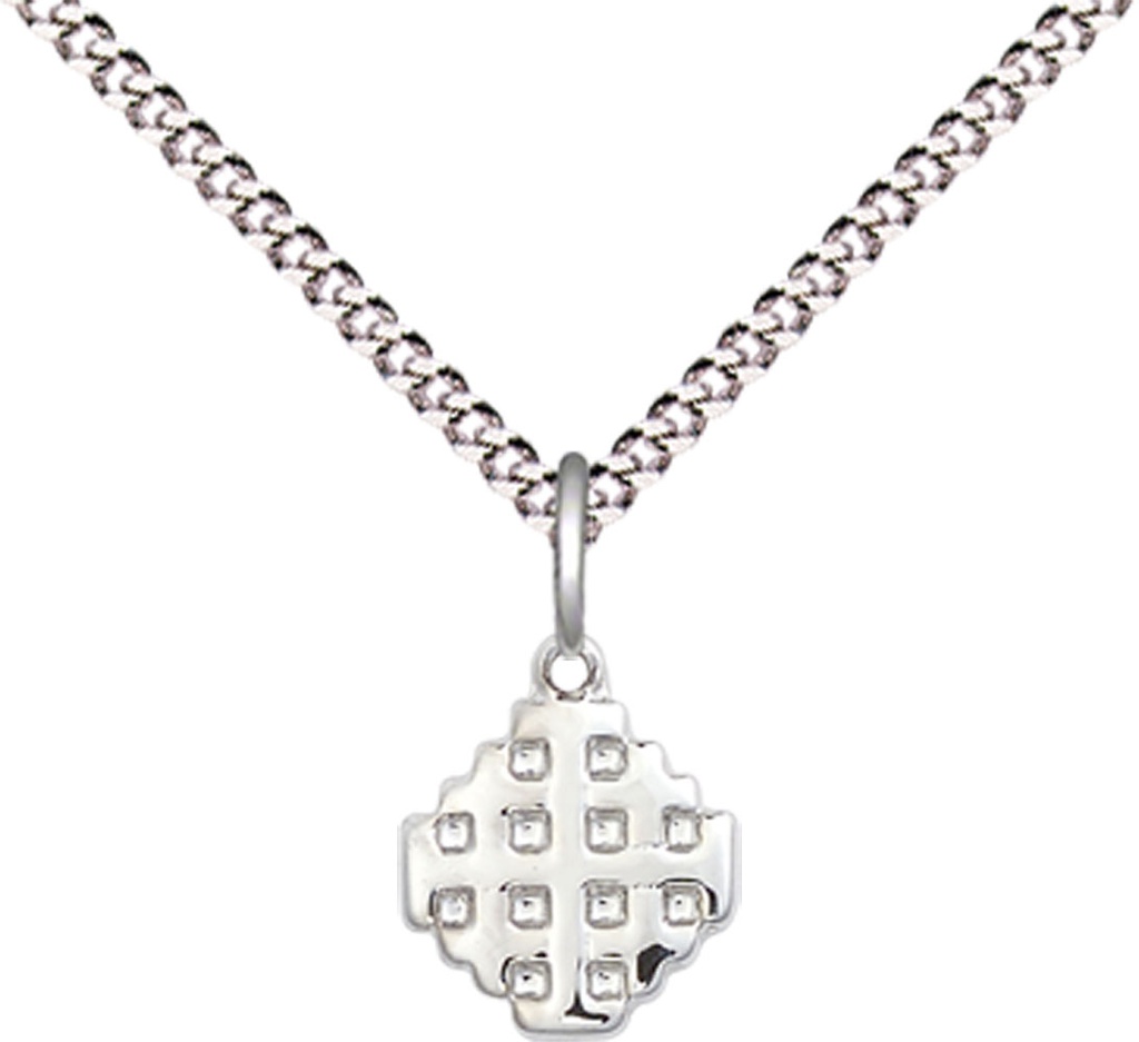 Sterling Silver Jerusalem Cross Pendant on a 18 inch Light Rhodium Light Curb chain