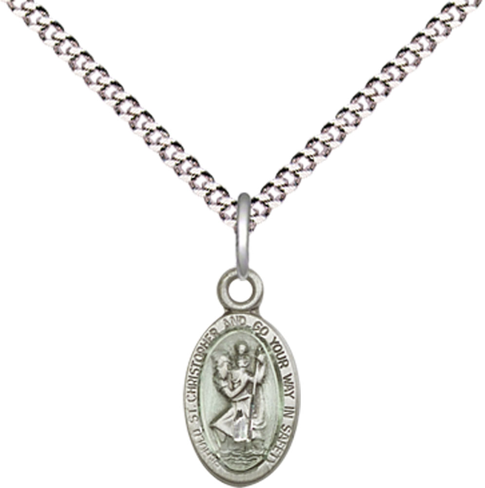 Sterling Silver Saint Christopher Pendant on a 18 inch Light Rhodium Light Curb chain