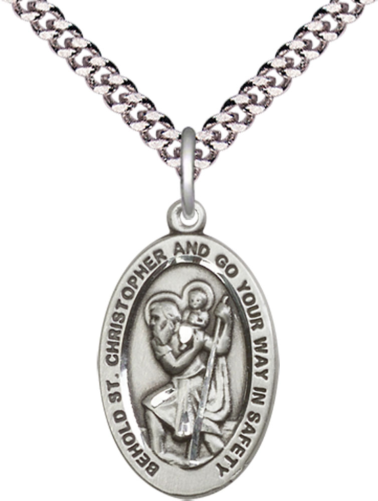 Sterling Silver Saint Christopher Pendant on a 24 inch Light Rhodium Heavy Curb chain