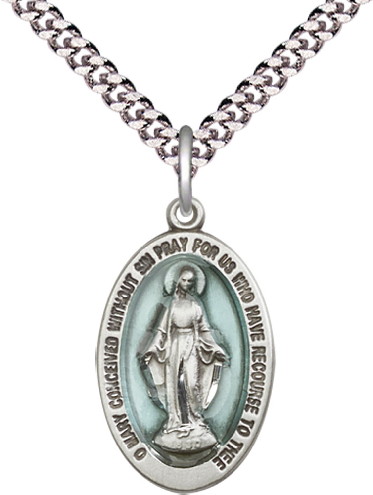 Sterling Silver Miraculous Pendant on a 24 inch Light Rhodium Heavy Curb chain