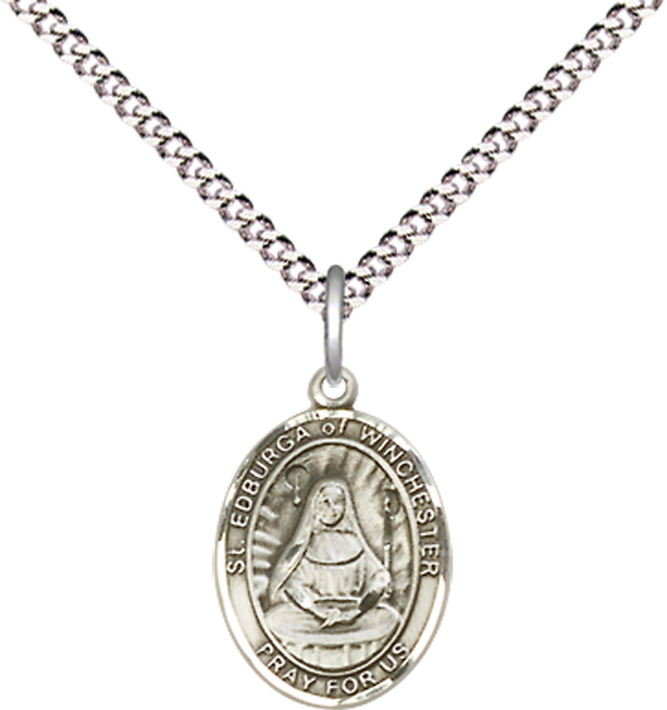 Sterling Silver Saint Edburga of Winchester Pendant on a 18 inch Light Rhodium Light Curb chain