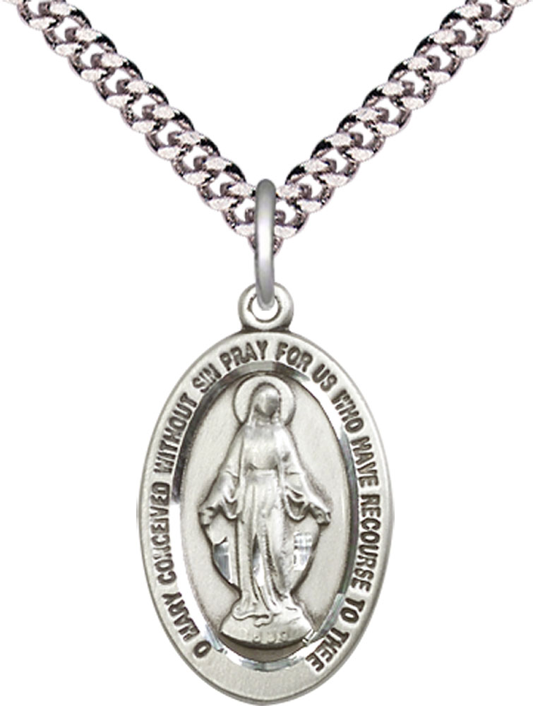 Sterling Silver Miraculous Pendant on a 24 inch Light Rhodium Heavy Curb chain