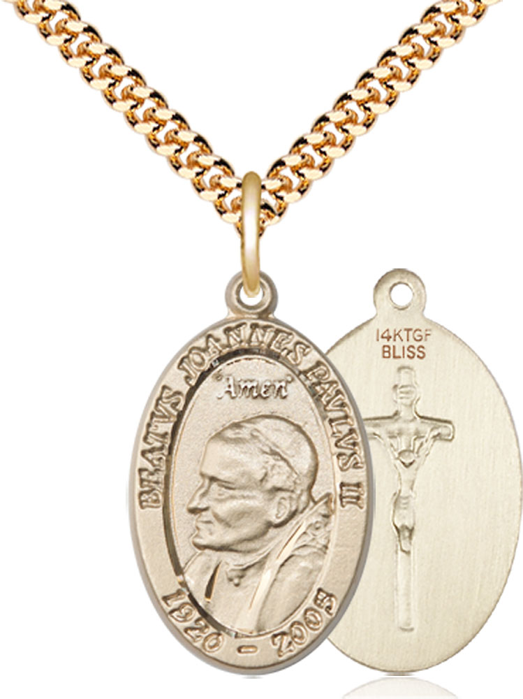 14kt Gold Filled Saint John Paul II Pendant on a 24 inch Gold Plate Heavy Curb chain