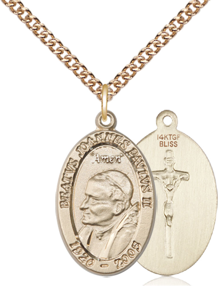 14kt Gold Filled Saint John Paul II Pendant on a 24 inch Gold Filled Heavy Curb chain