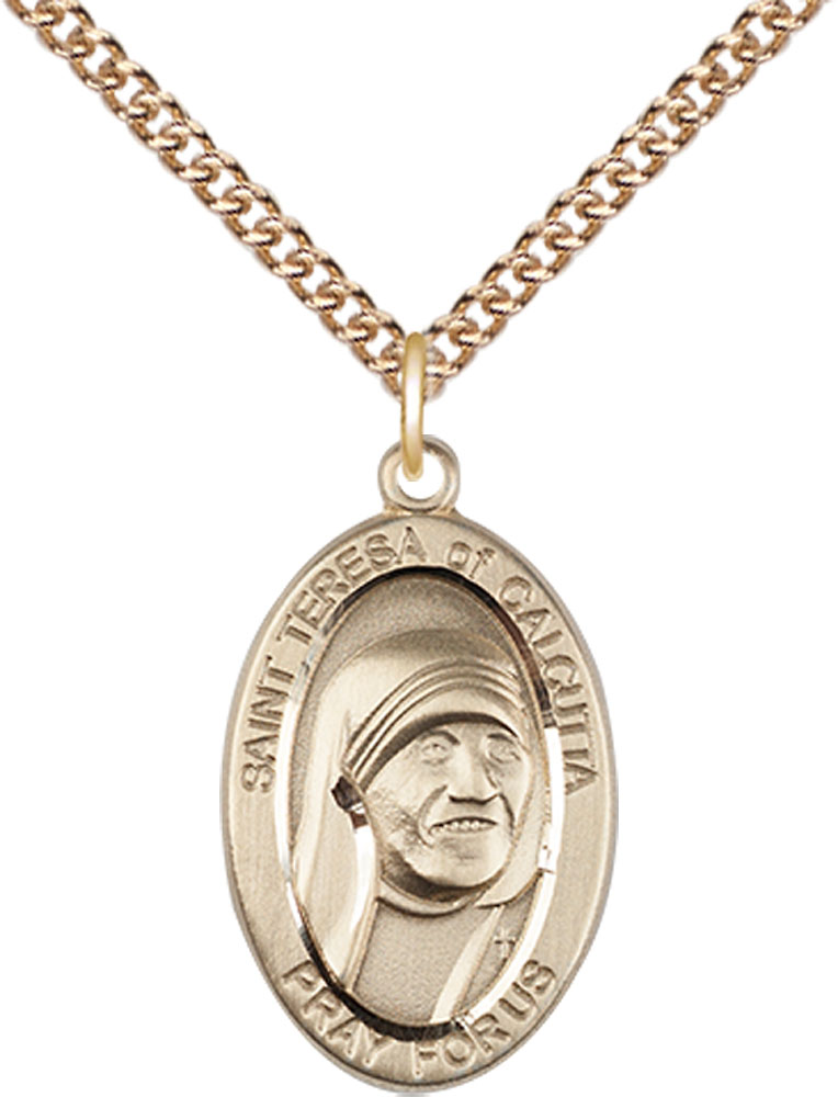 14kt Gold Filled Saint Teresa of Calcutta Pendant on a 24 inch Gold Filled Heavy Curb chain