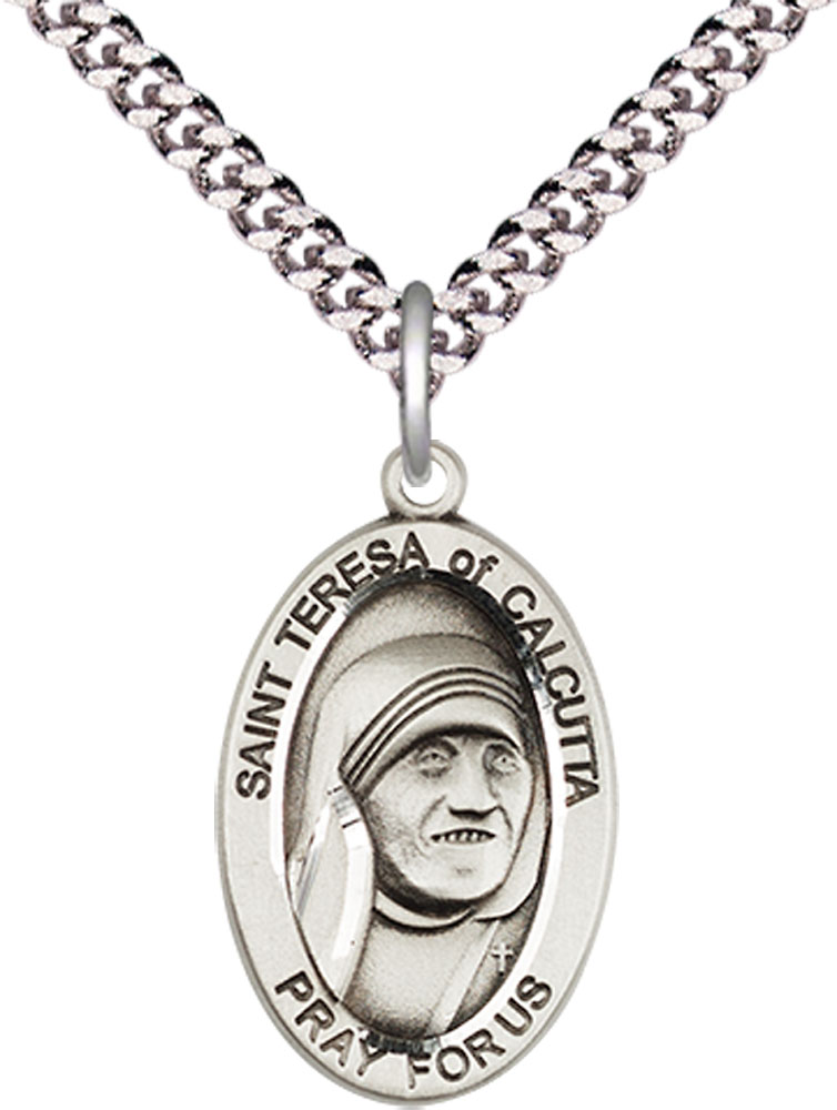 Sterling Silver Saint Teresa of Calcutta Pendant on a 24 inch Light Rhodium Heavy Curb chain