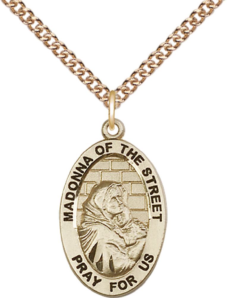 14kt Gold Filled Madonna of the Street Pendant on a 24 inch Gold Filled Heavy Curb chain