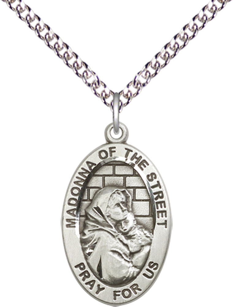 Sterling Silver Madonna of the Street Pendant on a 24 inch Sterling Silver Heavy Curb chain