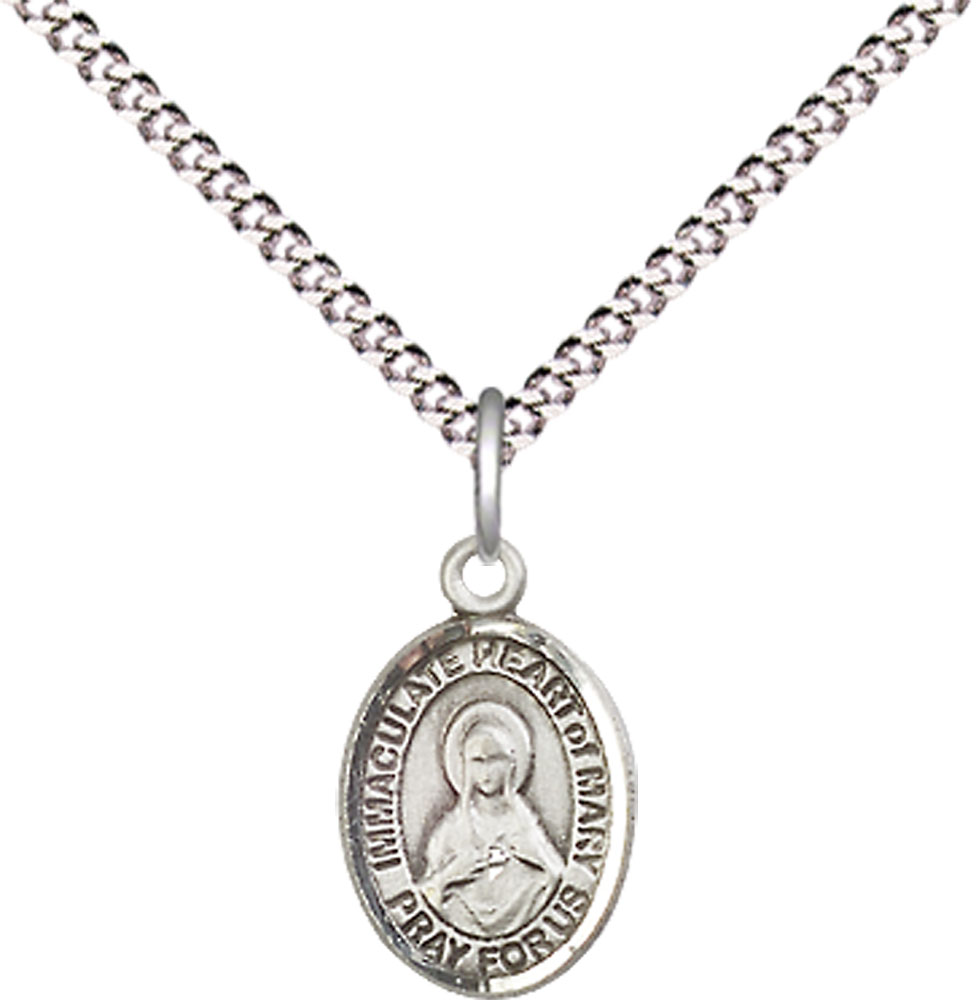 Sterling Silver Immaculate Heart of Mary Pendant on a 18 inch Light Rhodium Light Curb chain