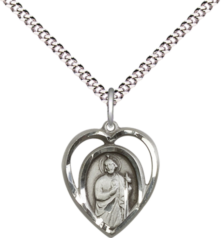 Sterling Silver Saint Jude Pendant on a 18 inch Light Rhodium Light Curb chain